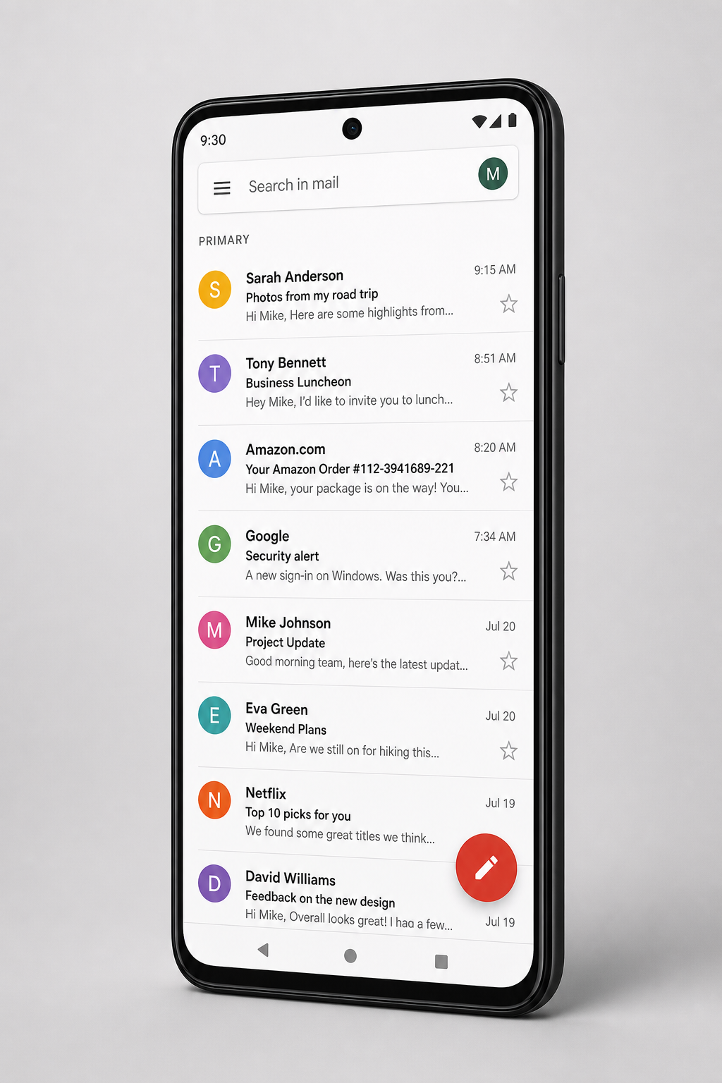 Gmail 手机端收件箱界面